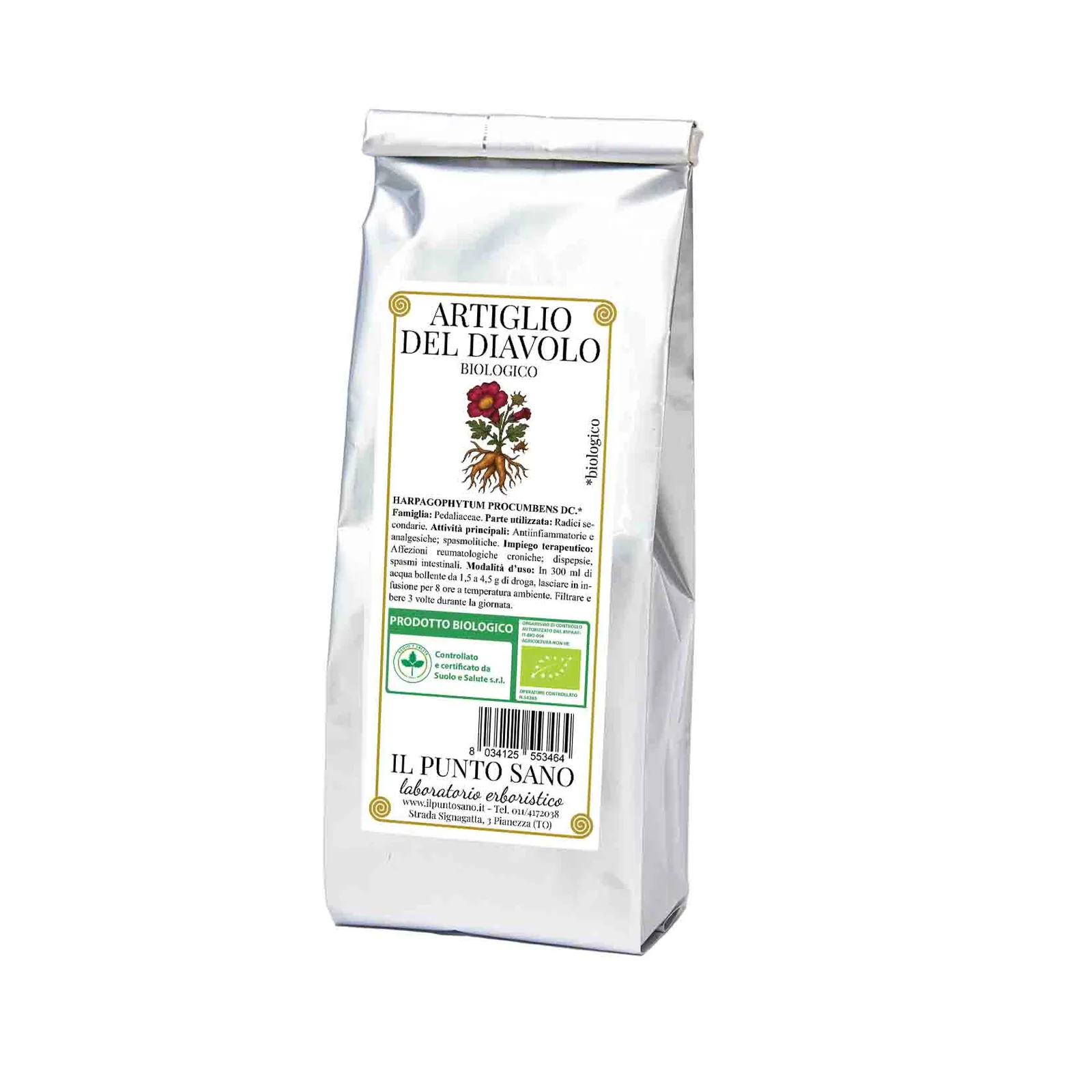 Artiglio del diavolo biologico Il Punto Sano Confezione di Artiglio del diavolo biologico Il Punto Sano in busta di alluminio.
