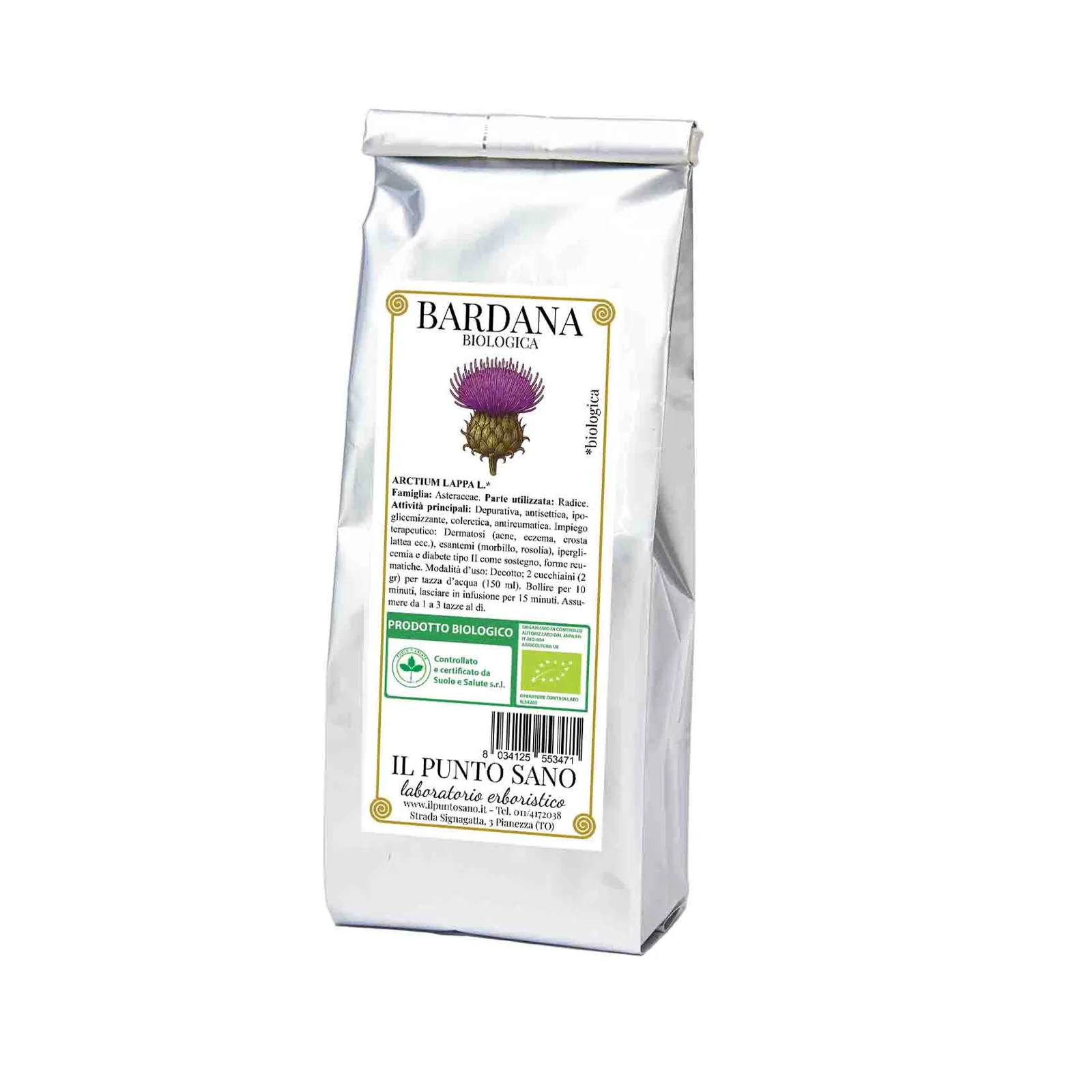 Bardana biologica Il Punto Sano Busta di Bardana biologica Il Punto Sano con etichetta botanica e confezione in alluminio.