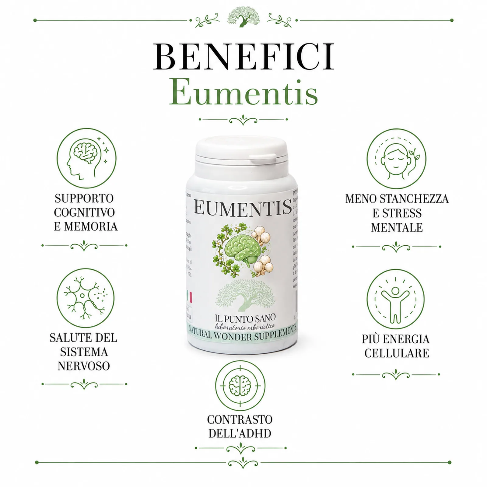Benefici Eumentis | Memoria e funzioni cognitive Infografica benefici di Eumentis Il Punto Sano con focus su supporto cognitivo e memoria, salute del sistema nervoso, meno stanchezza mentale e più energia cellulare.