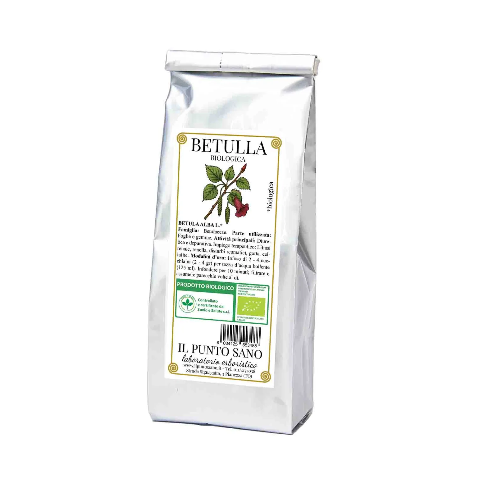 Betulla biologica Il Punto Sano Confezione di Betulla biologica Il Punto Sano in busta di alluminio con etichetta frontale.
