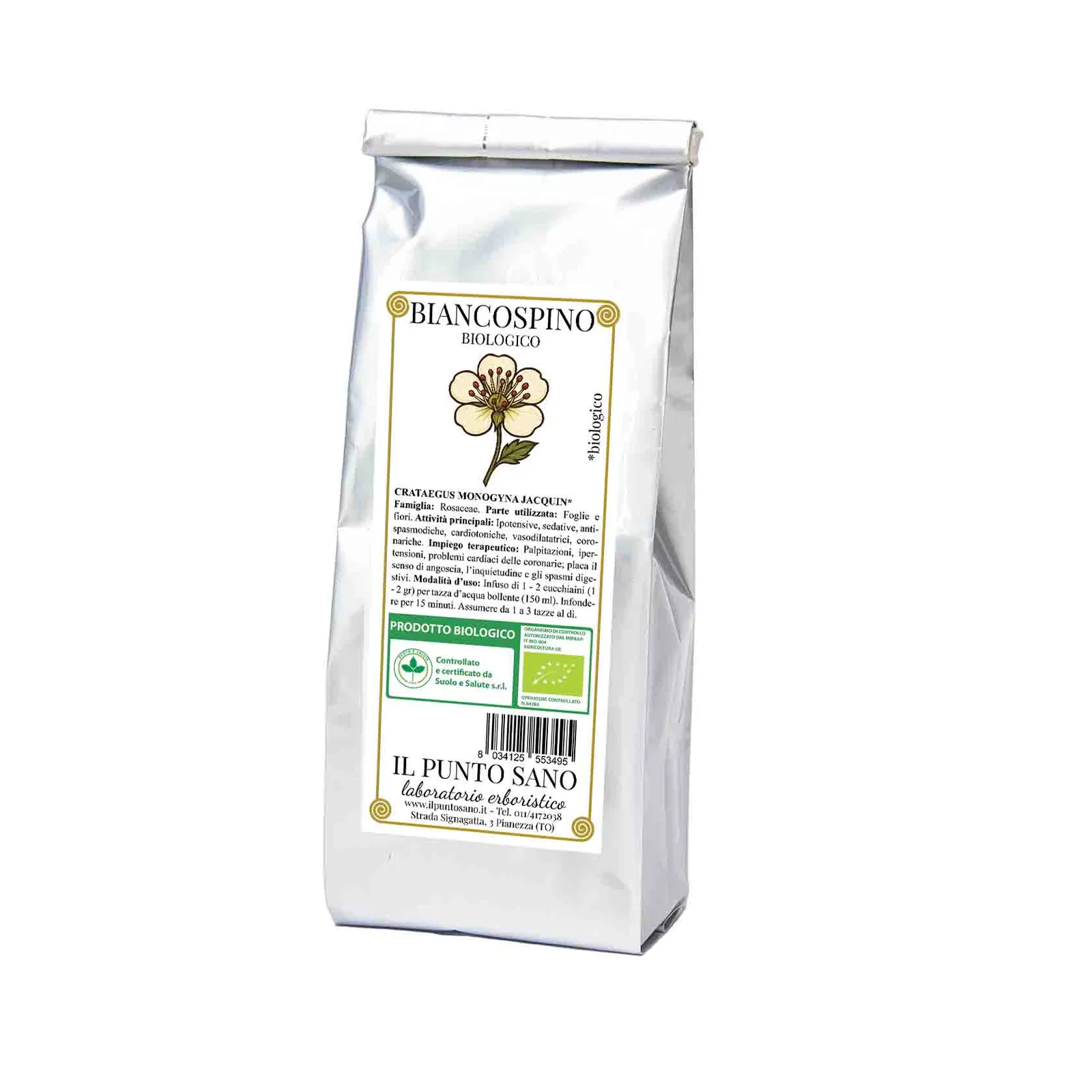 Biancospino biologico Il Punto Sano Busta di Biancospino biologico Il Punto Sano con etichetta botanica e confezione argentata.