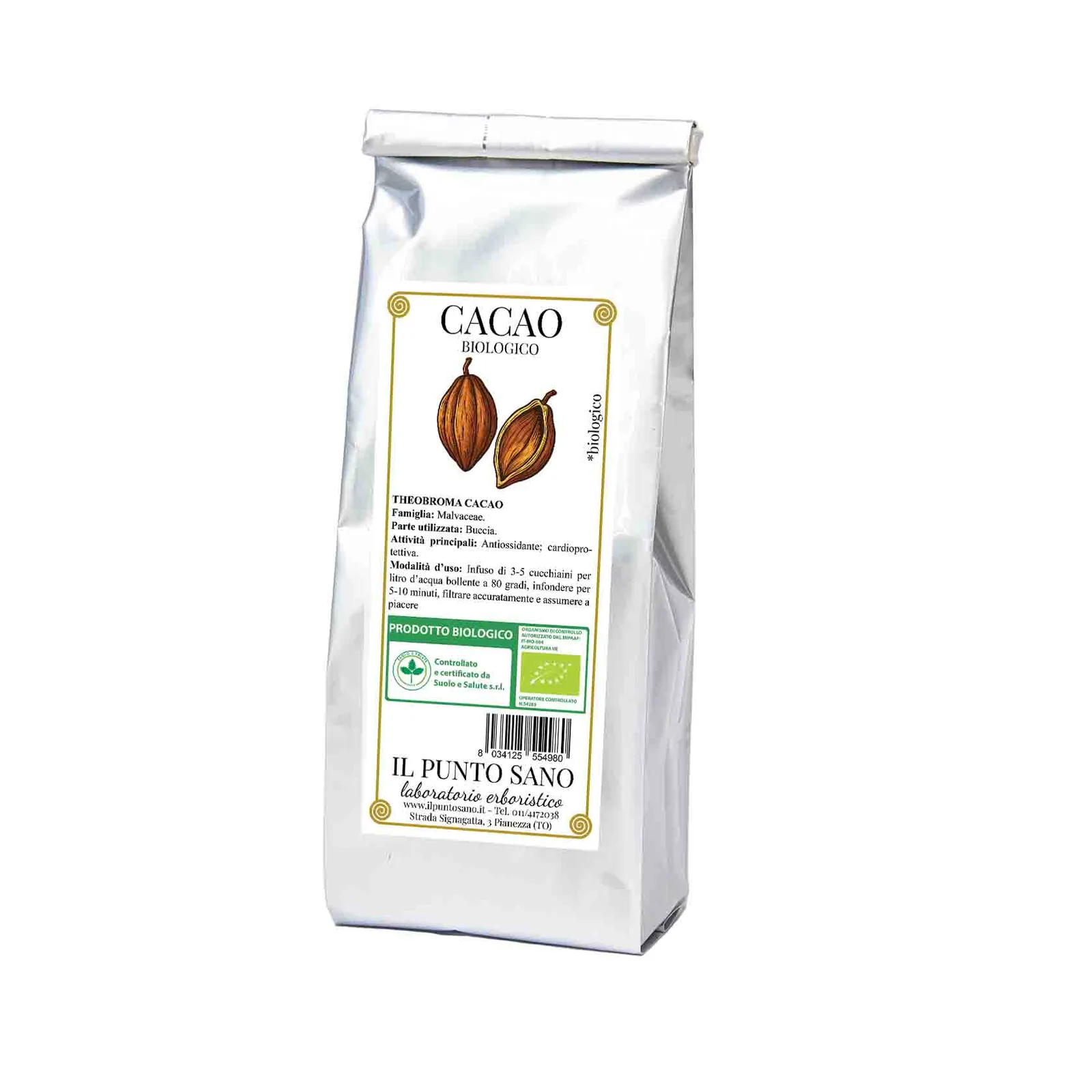 cacao-biologico-il-punto-sano Busta di Cacao biologico Il Punto Sano con etichetta frontale e confezione in alluminio.