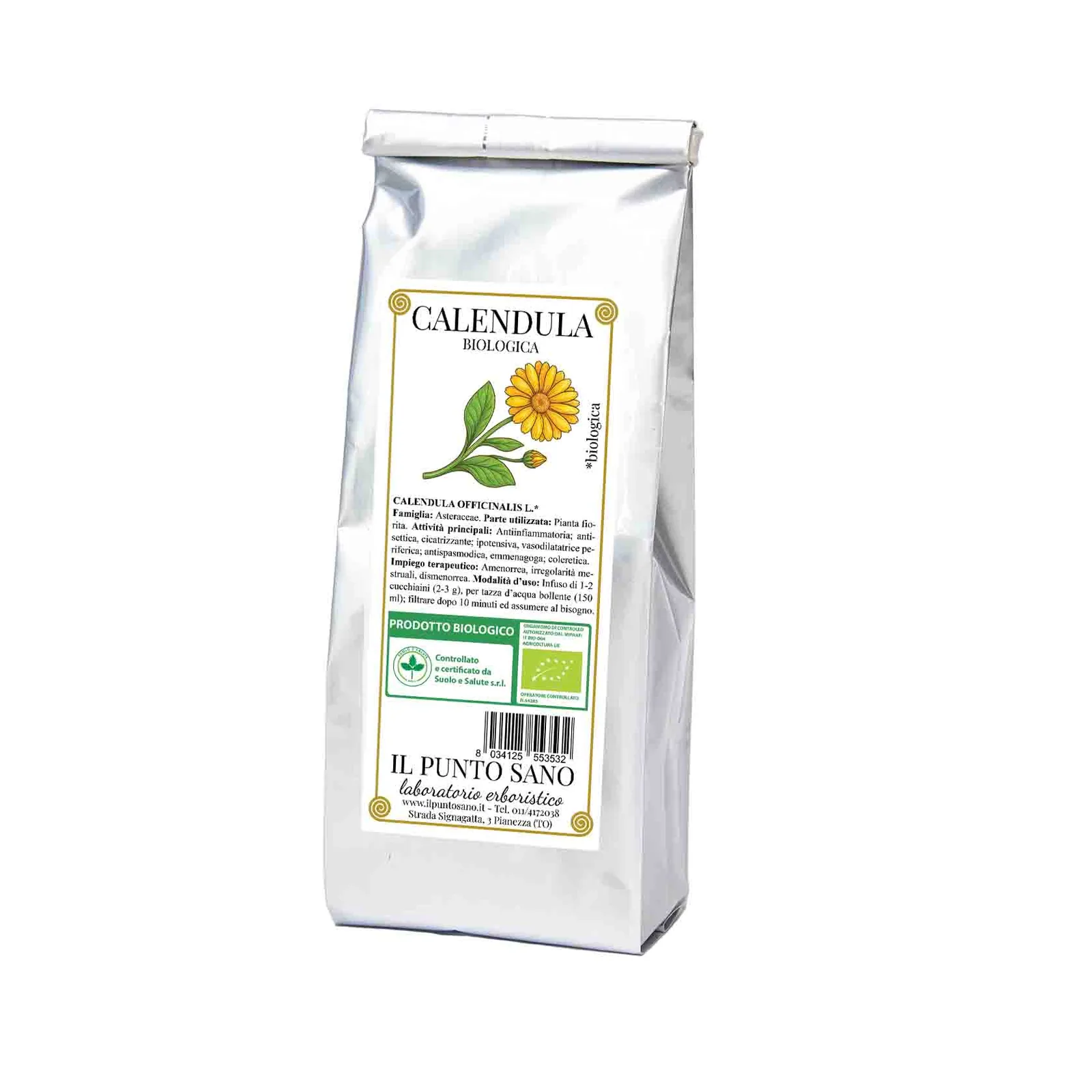 calendula-biologica-il-punto-sano Confezione in alluminio riciclabile di Calendula biologica Il Punto Sano, pianta officinale sfusa per infuso.
