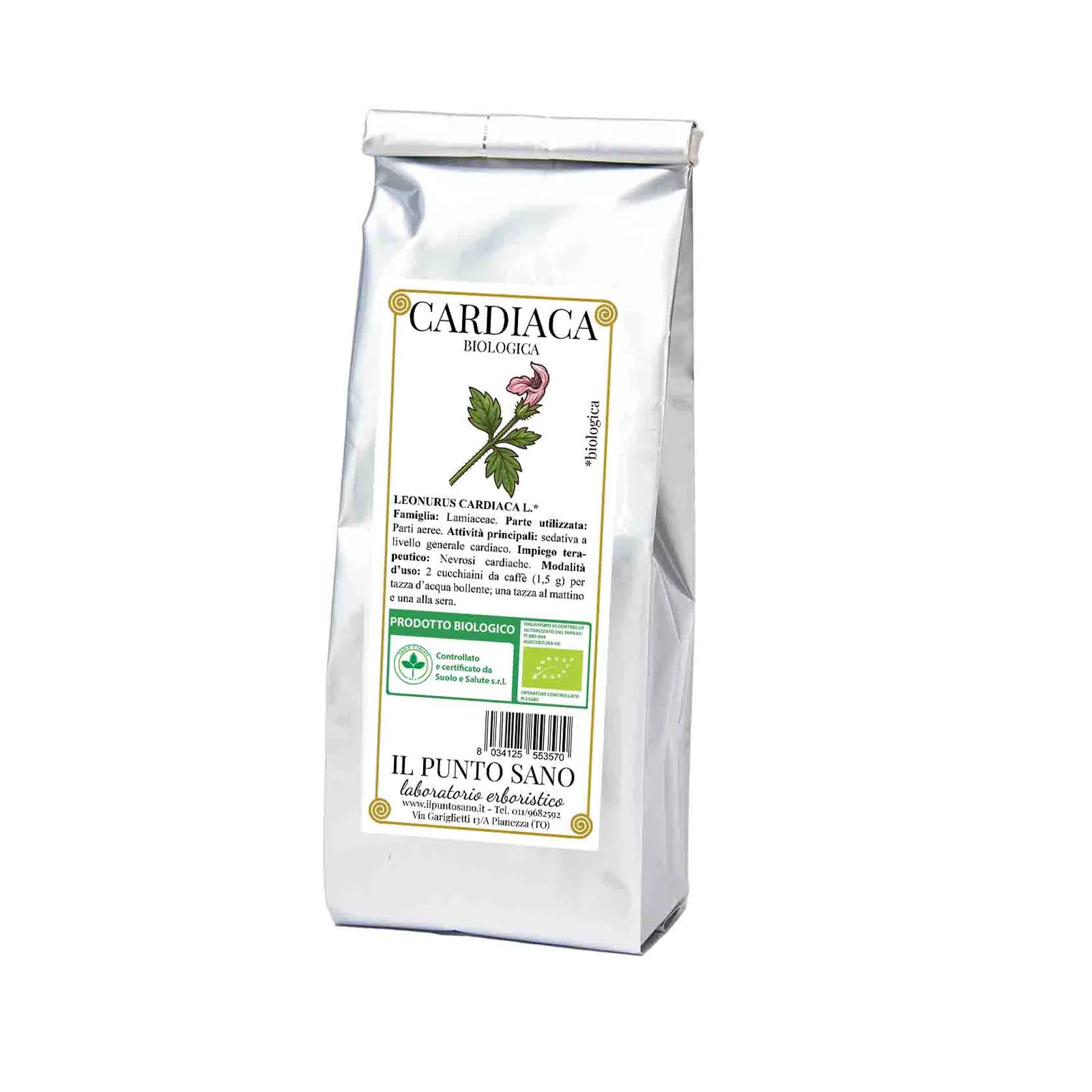 Cardiaca biologica Il Punto Sano Confezione di Cardiaca biologica Il Punto Sano in busta argentata con etichetta botanica.