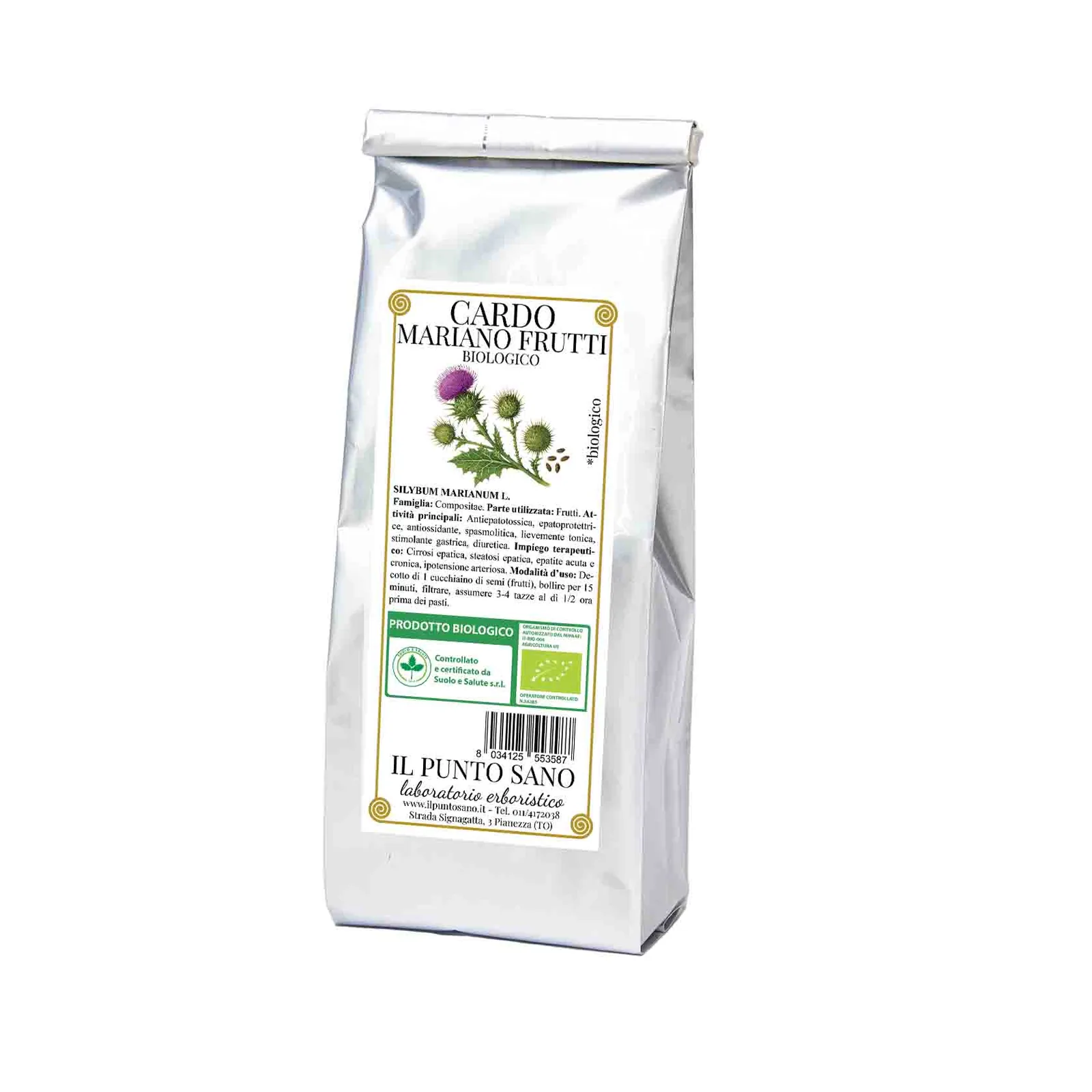 Cardo mariano frutti biologico Il Punto Sano Confezione di Cardo mariano frutti biologico Il Punto Sano in busta di alluminio con etichetta botanica.