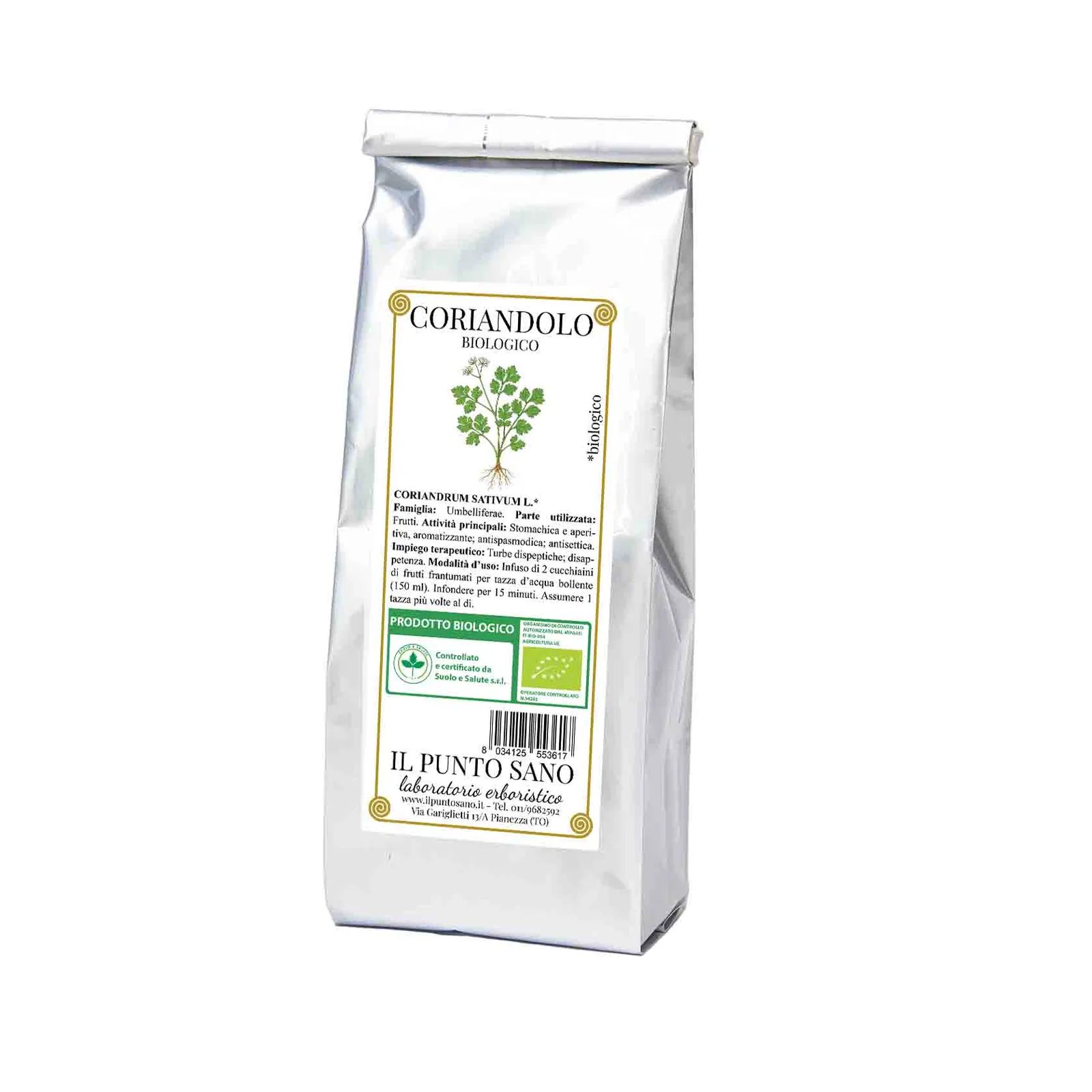Coriandolo biologico Il Punto Sano Confezione di Coriandolo biologico Il Punto Sano in busta di alluminio per infusi e uso aromatico.