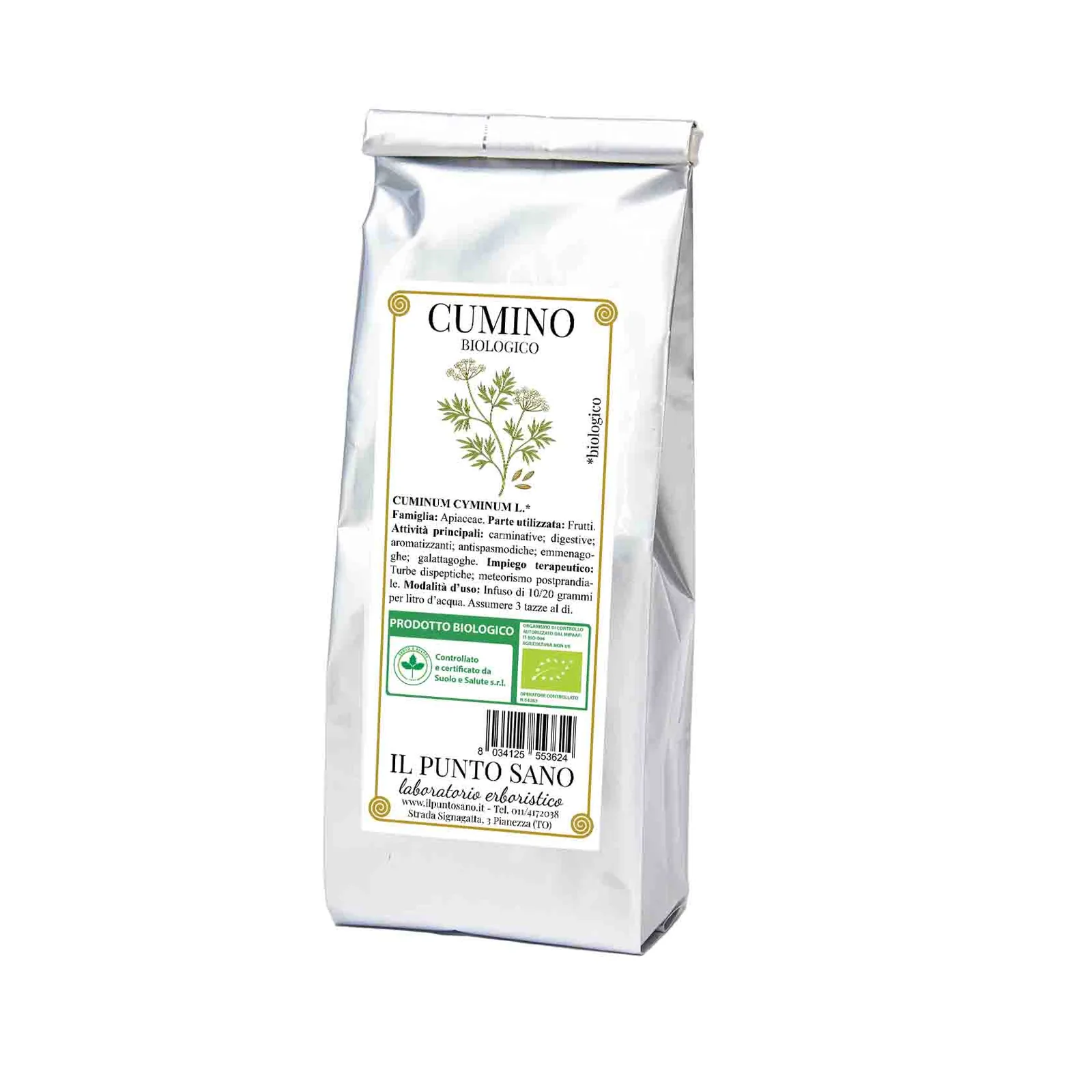 Cumino biologico Il Punto Sano Busta di Cumino biologico Il Punto Sano con etichetta botanica e confezione in alluminio protettiva.