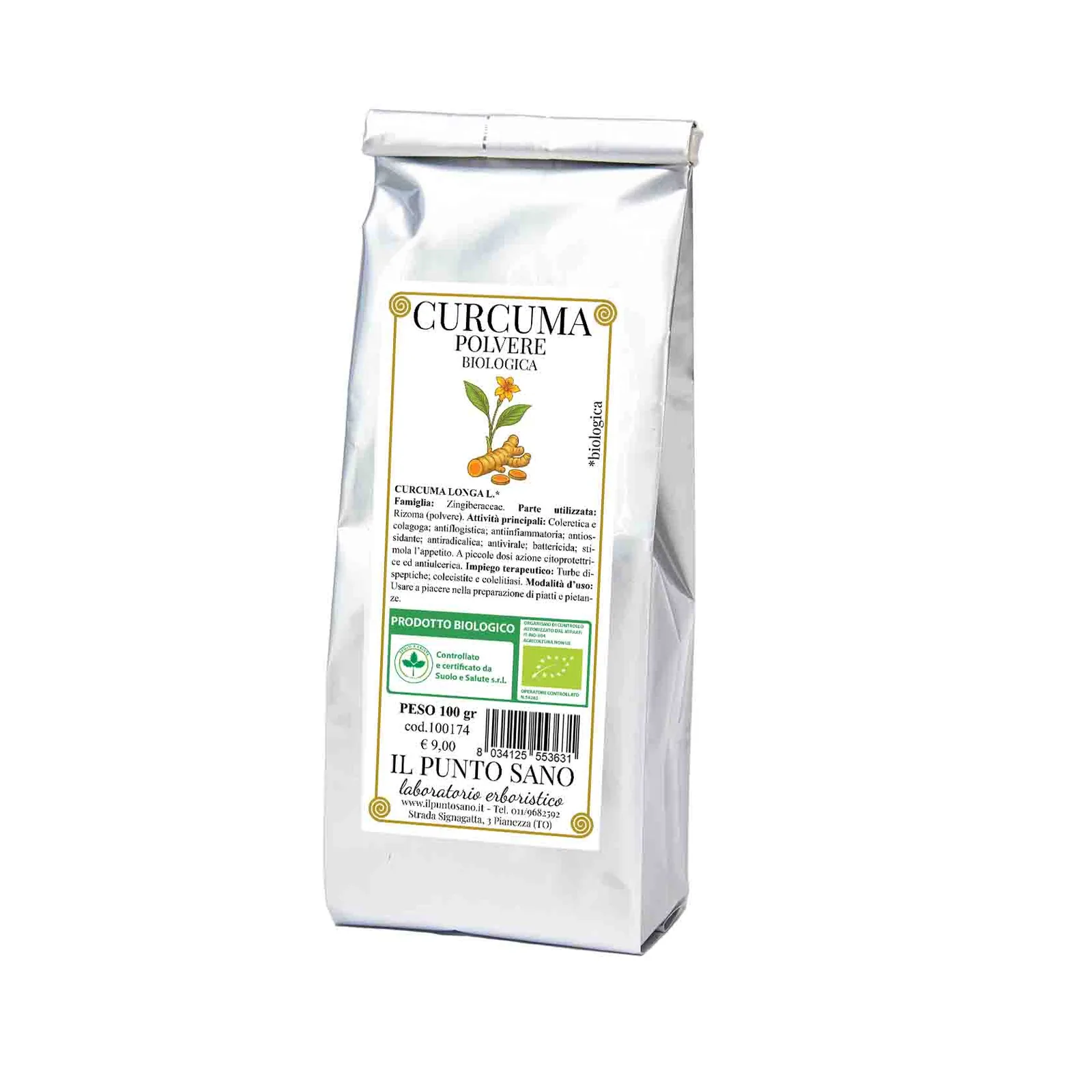 Curcuma polvere biologica Il Punto Sano Busta di Curcuma in polvere biologica Il Punto Sano, spezia officinale naturale per cucina e preparazioni erboristiche.