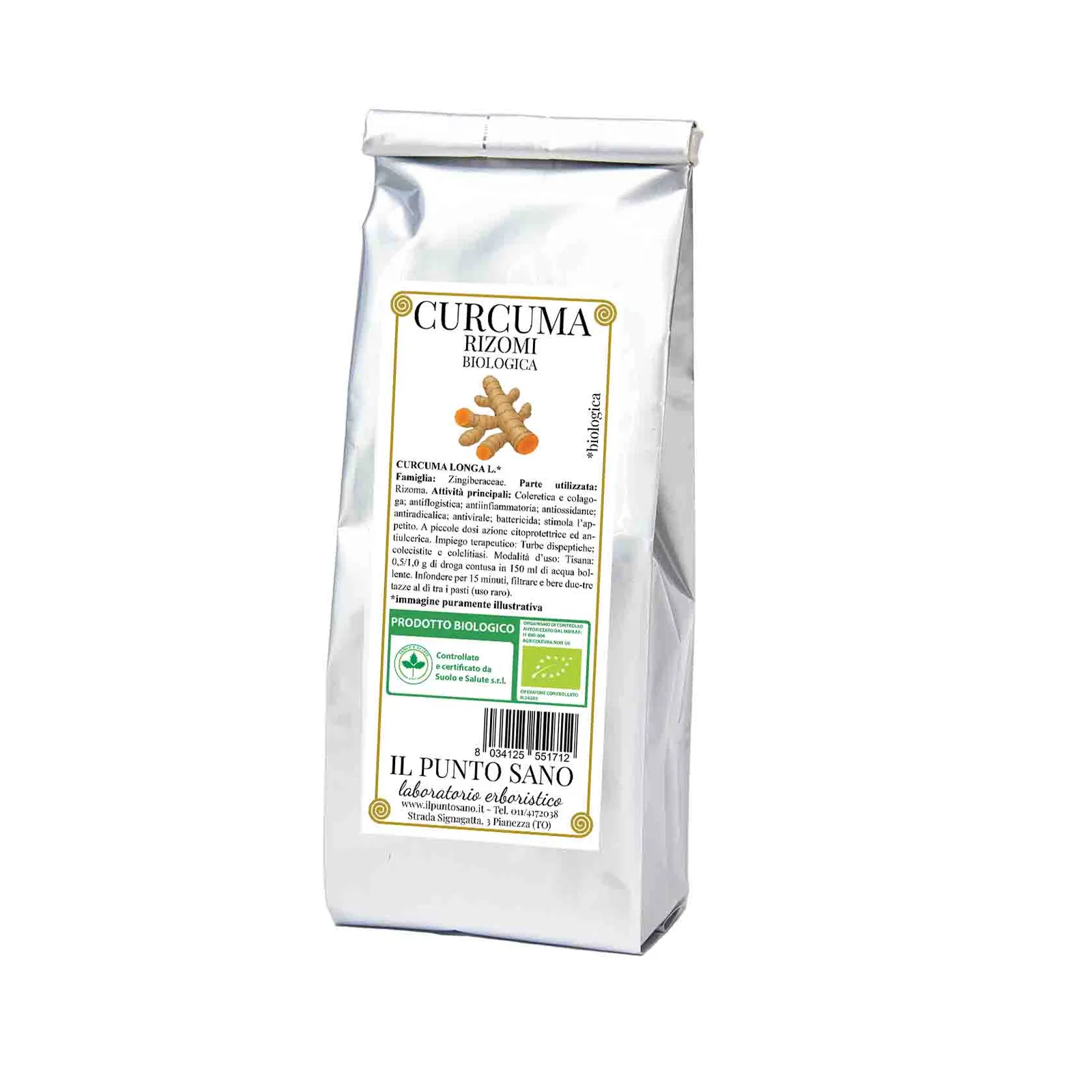 Curcuma rizomi biologica Il Punto Sano Confezione di Curcuma rizomi biologica Il Punto Sano in busta di alluminio protettiva per infusi e preparazioni erboristiche.