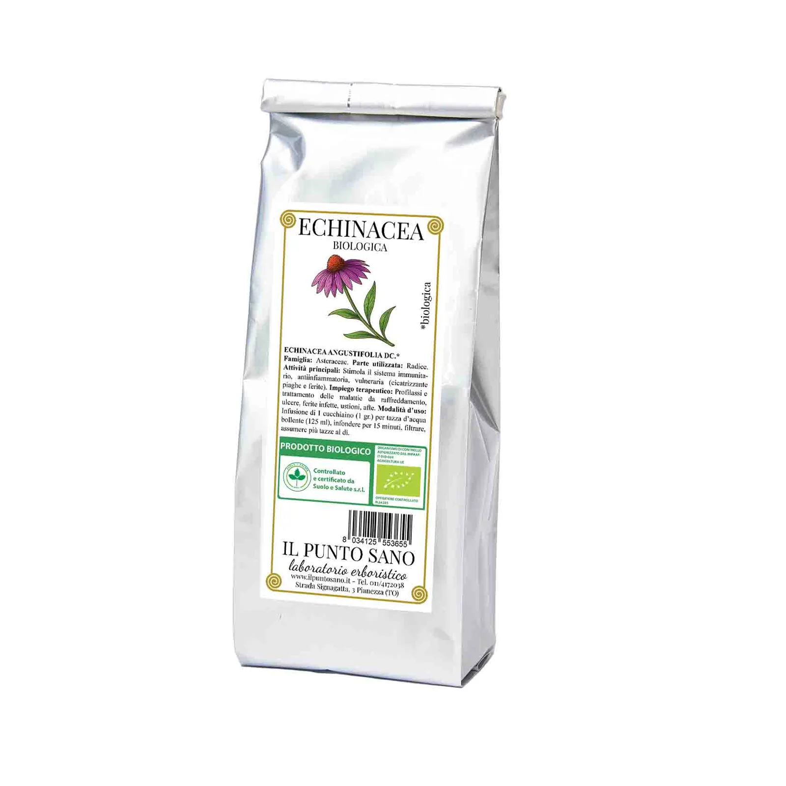 Echinacea biologica Il Punto Sano Busta di Echinacea biologica Il Punto Sano con etichetta botanica e confezione in alluminio protettiva.