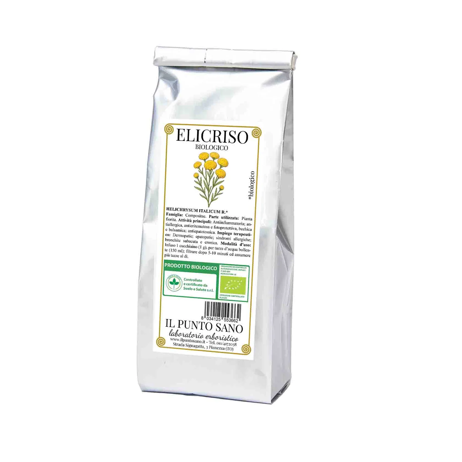 Elicriso biologico Il Punto Sano Confezione di Elicriso biologico Il Punto Sano in busta argentata con etichetta botanica.