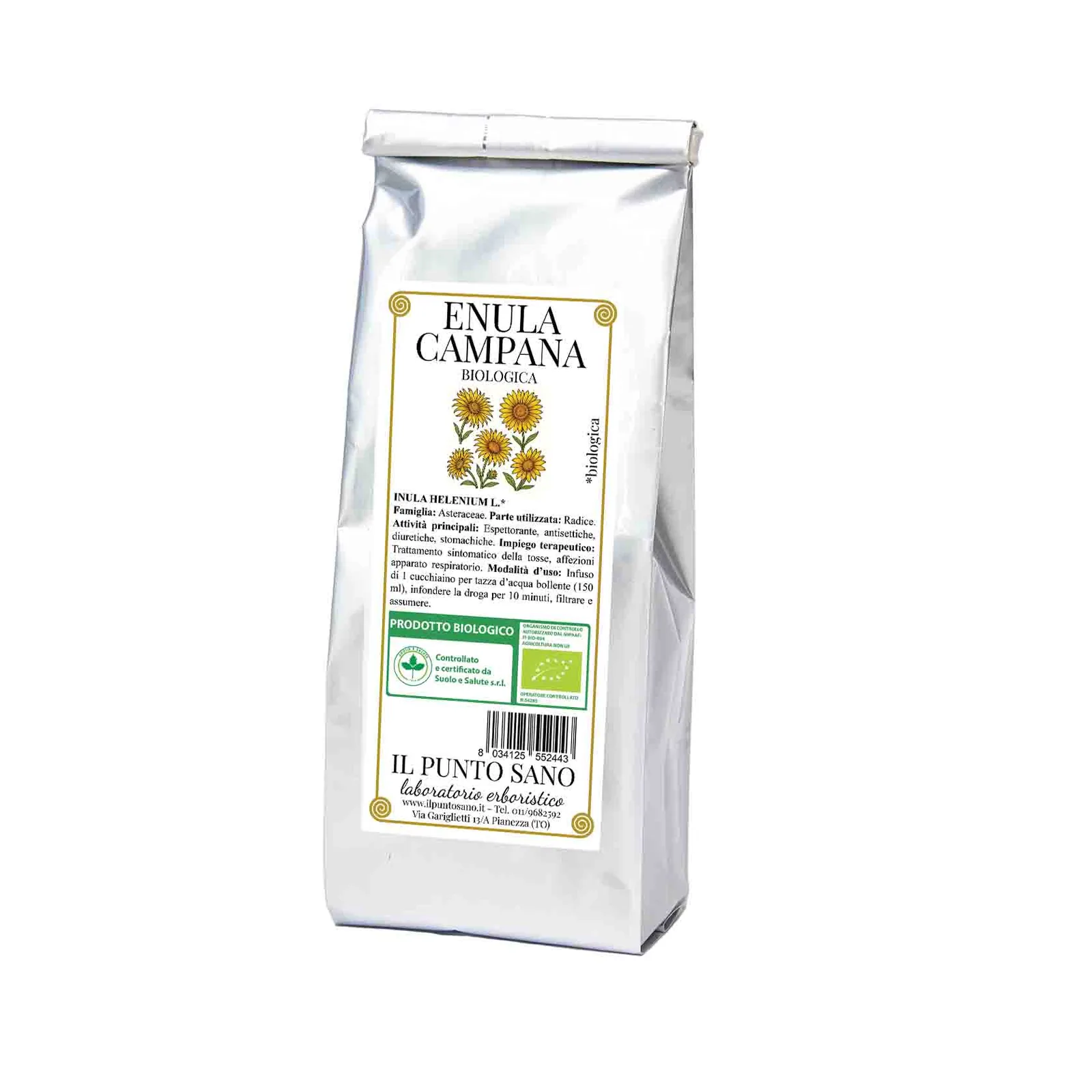 Enula campana biologica Il Punto Sano Busta di Enula campana biologica Il Punto Sano con etichetta botanica e confezione protettiva.