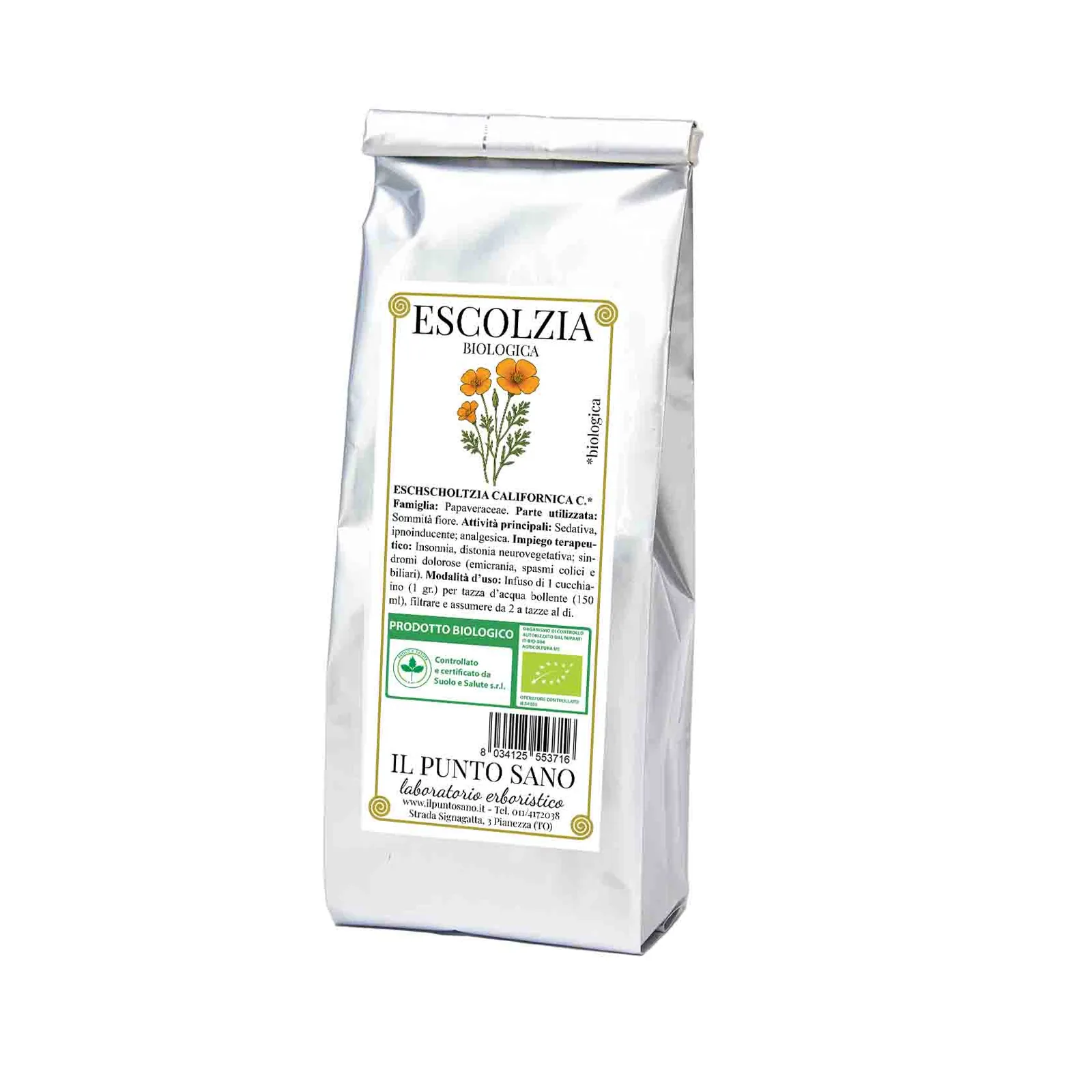 Escolzia biologica Il Punto Sano Confezione di Escolzia biologica Il Punto Sano in busta di alluminio con etichetta botanica.