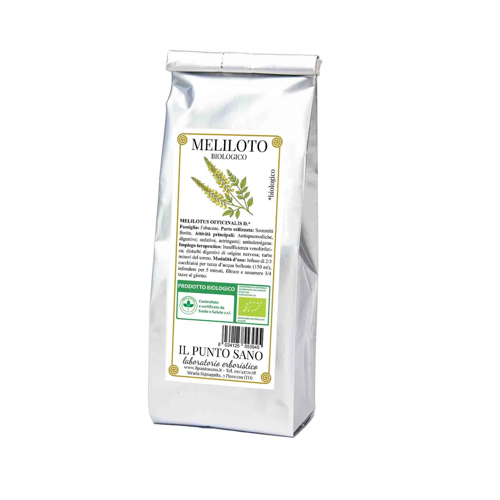 Meliloto biologico in sommità fiorite Confezione di meliloto biologico Il Punto Sano, sommità fiorite di Melilotus officinalis selezionate per tisane e miscele erboristiche.