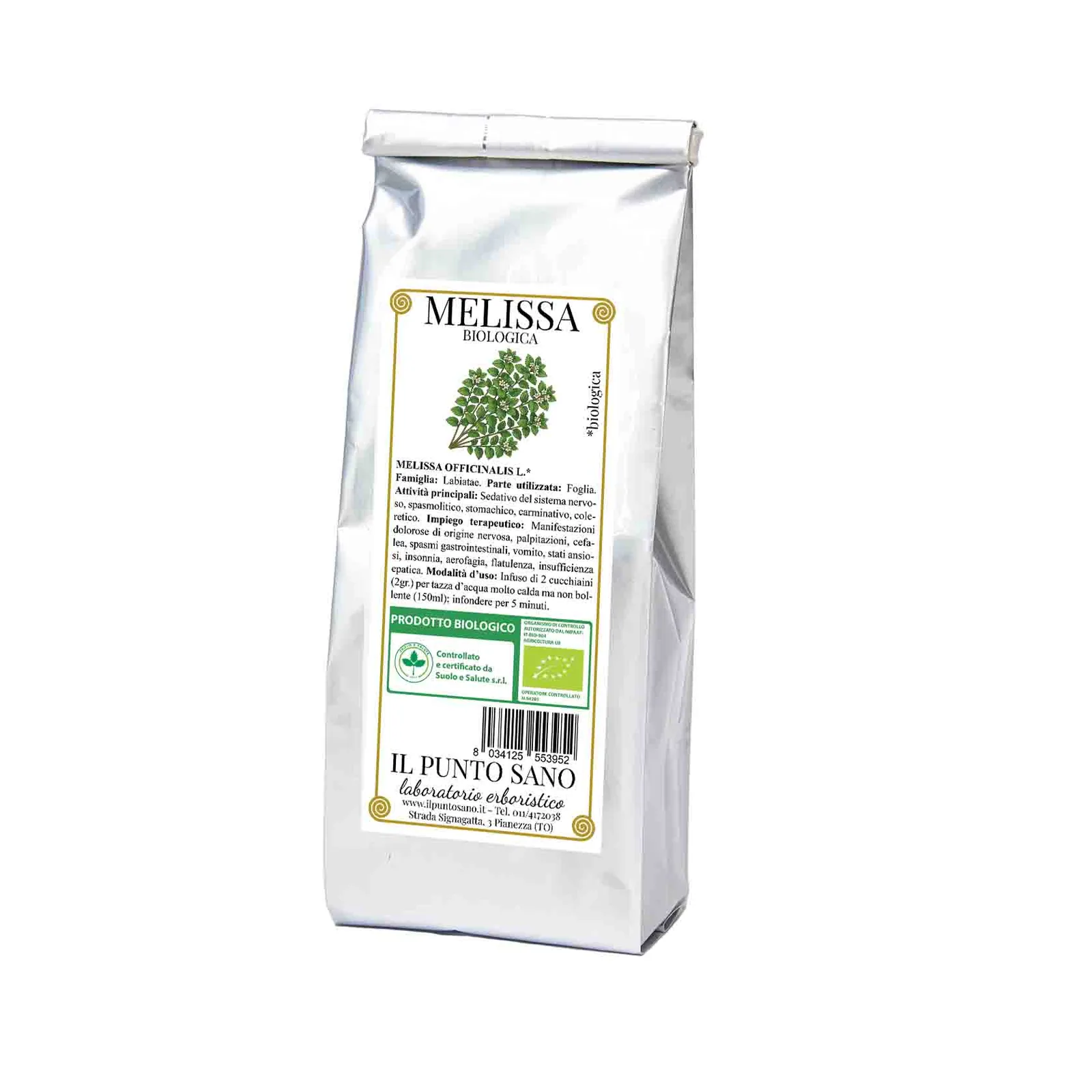 Melissa biologica in foglie per tisane Confezione di melissa biologica Il Punto Sano, foglie di Melissa officinalis L. selezionate per tisane dal profilo aromatico fresco e rilassante.