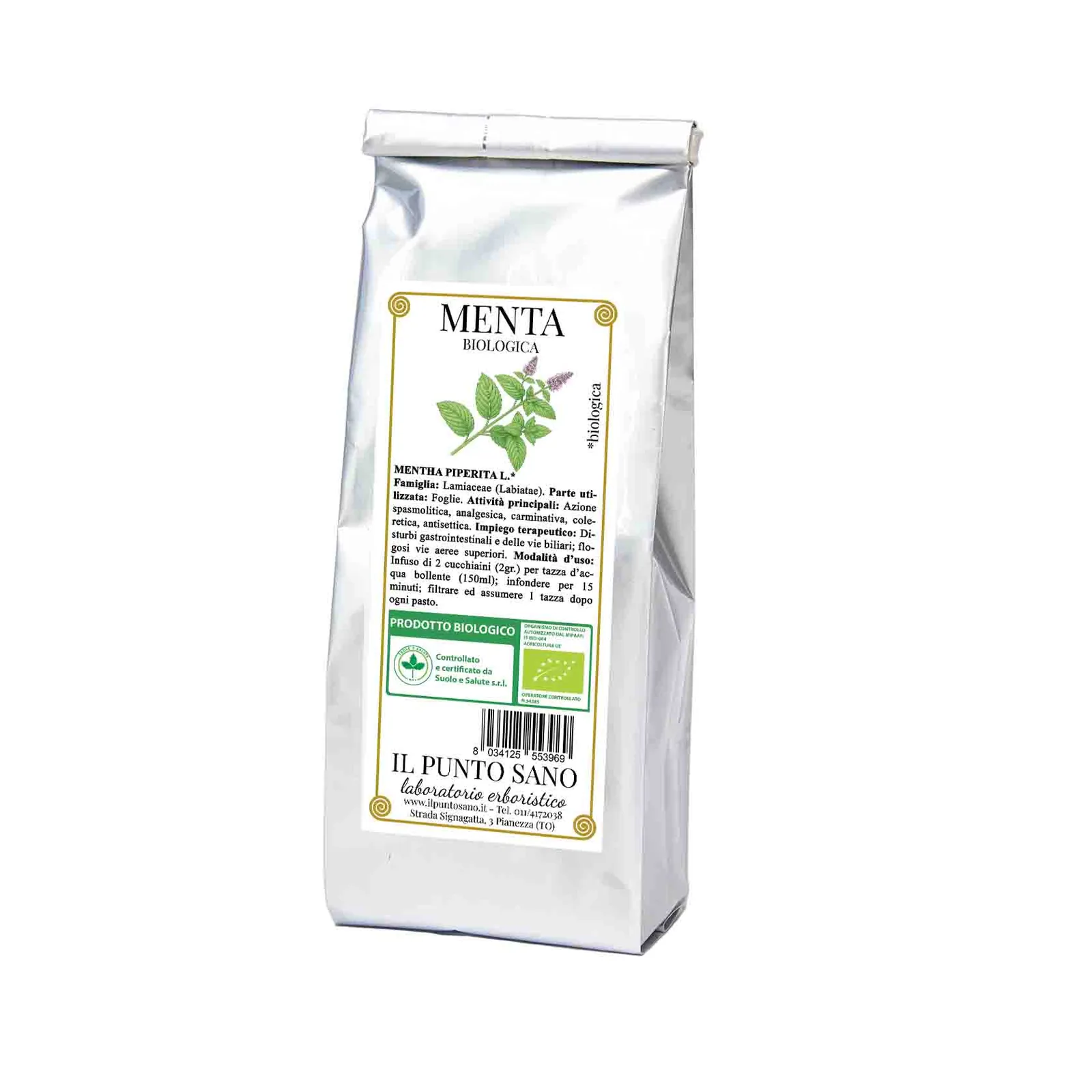 Menta biologica in foglie per tisane Confezione di menta biologica Il Punto Sano, foglie di Mentha piperita L. selezionate per tisane fresche, aromatiche e digestive.
