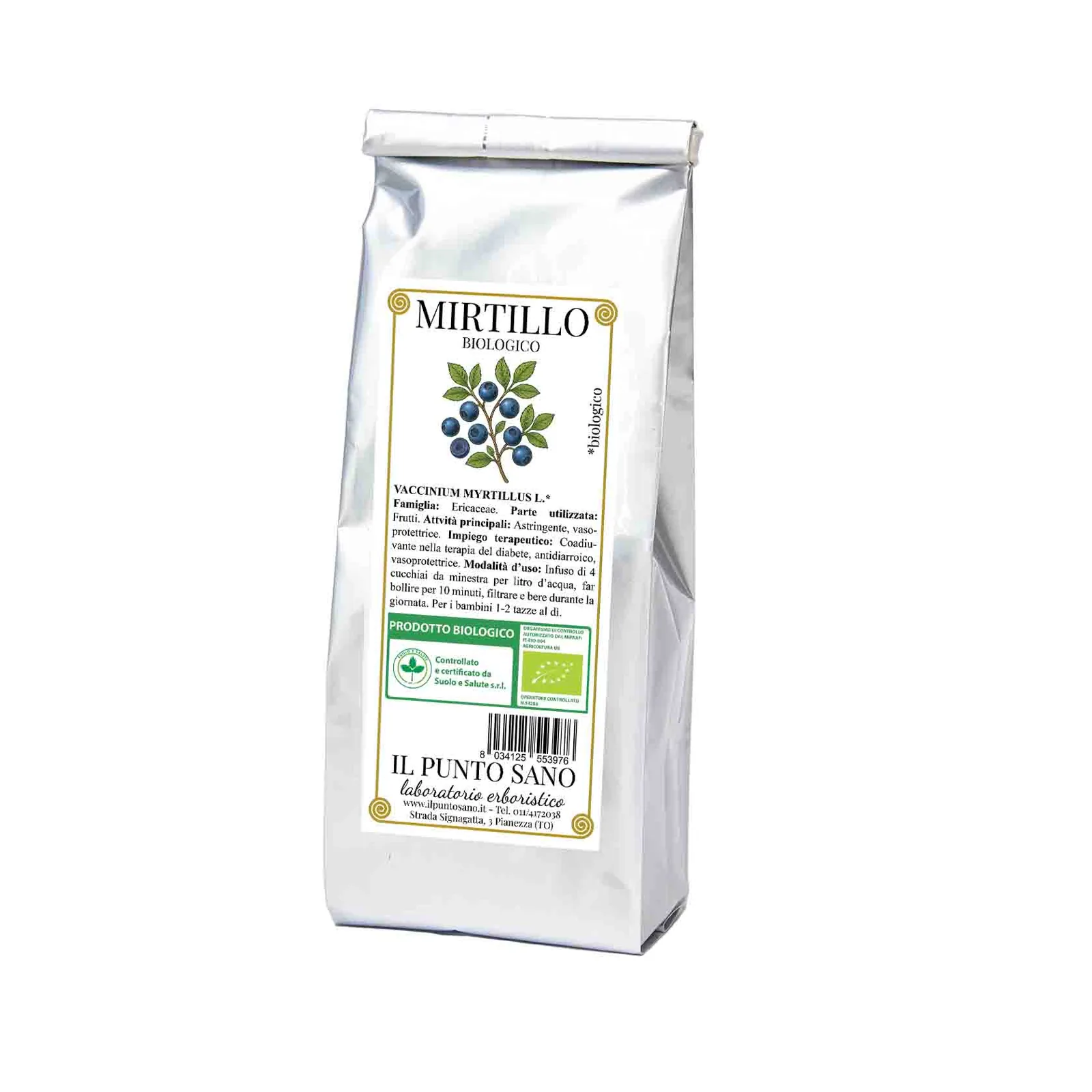 Mirtillo nero biologico in frutti per tisane Confezione di mirtillo nero biologico Il Punto Sano, frutti di Vaccinium myrtillus L. selezionati per tisane e preparazioni erboristiche antiossidanti.