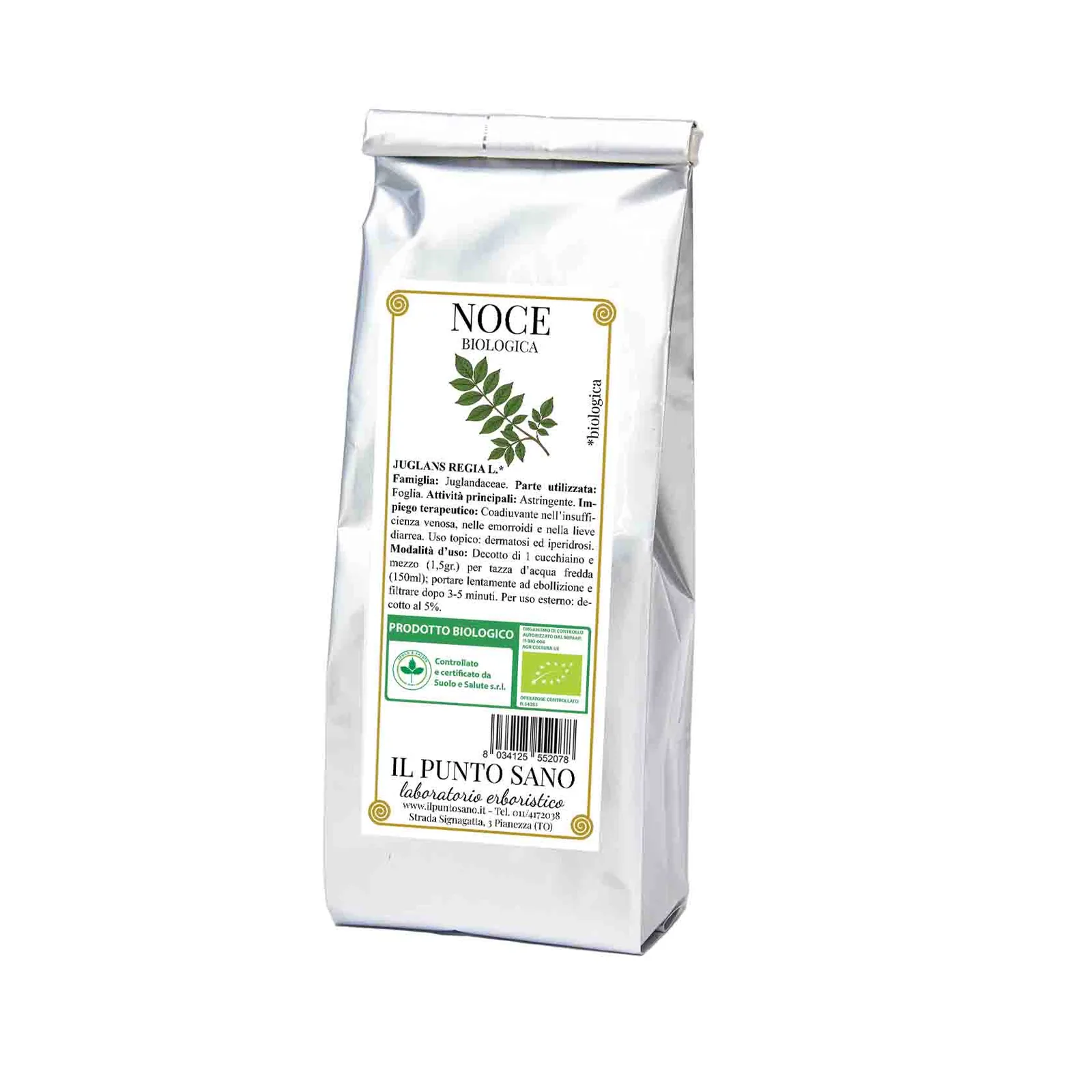 Noce biologica in foglie per tisane Confezione di noce biologica Il Punto Sano, foglie di Juglans regia L. selezionate per tisane e preparazioni erboristiche tradizionali.