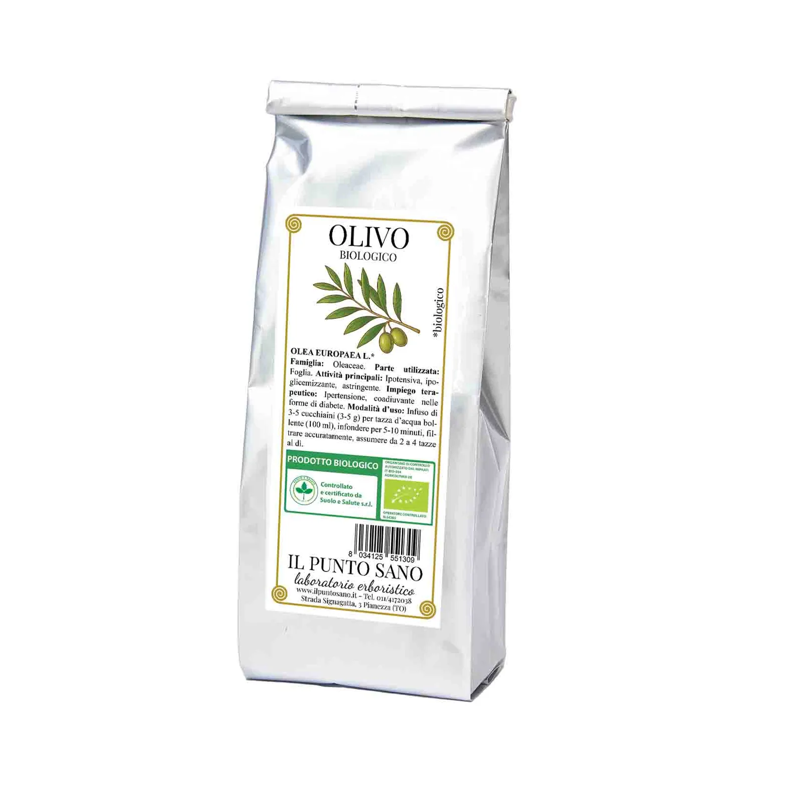 Olivo biologico in foglie per tisane Confezione di olivo biologico Il Punto Sano, foglie di Olea europaea L. selezionate per tisane e preparazioni erboristiche naturali.