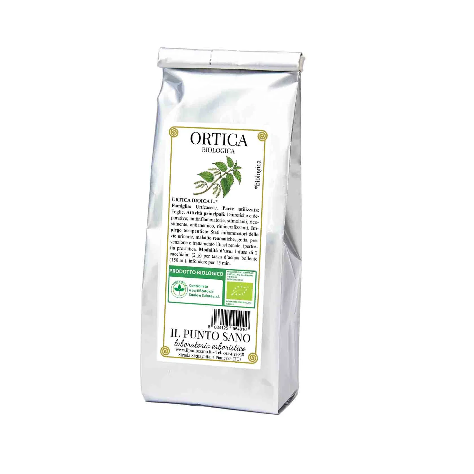 Ortica biologica in foglie per tisane Confezione di ortica biologica Il Punto Sano, foglie di Urtica dioica L. selezionate per tisane depurative e preparazioni erboristiche.