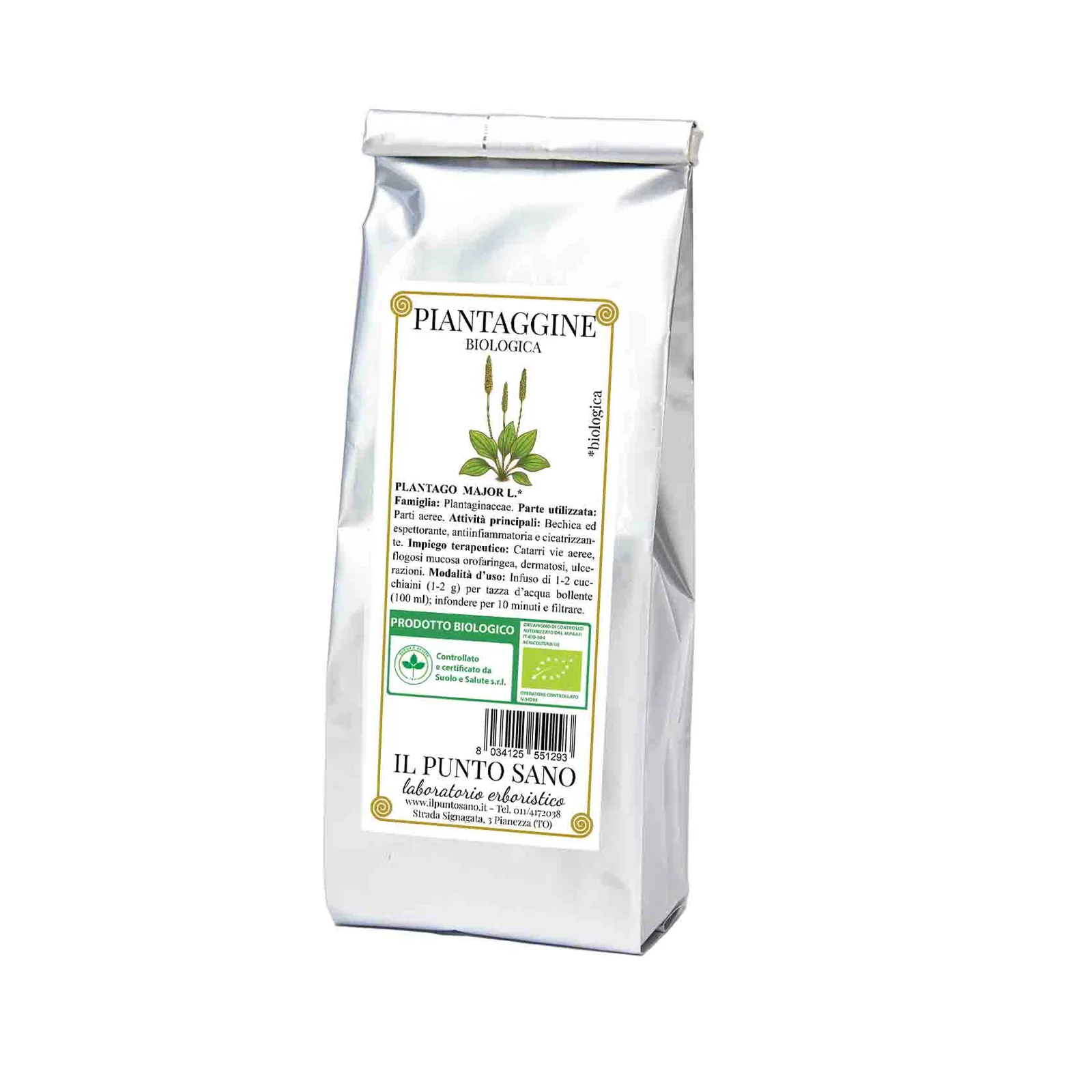 Piantaggine biologica per tisane Confezione di piantaggine biologica Il Punto Sano, parti aeree di Plantago major L. selezionate per tisane e preparazioni erboristiche tradizionali.
