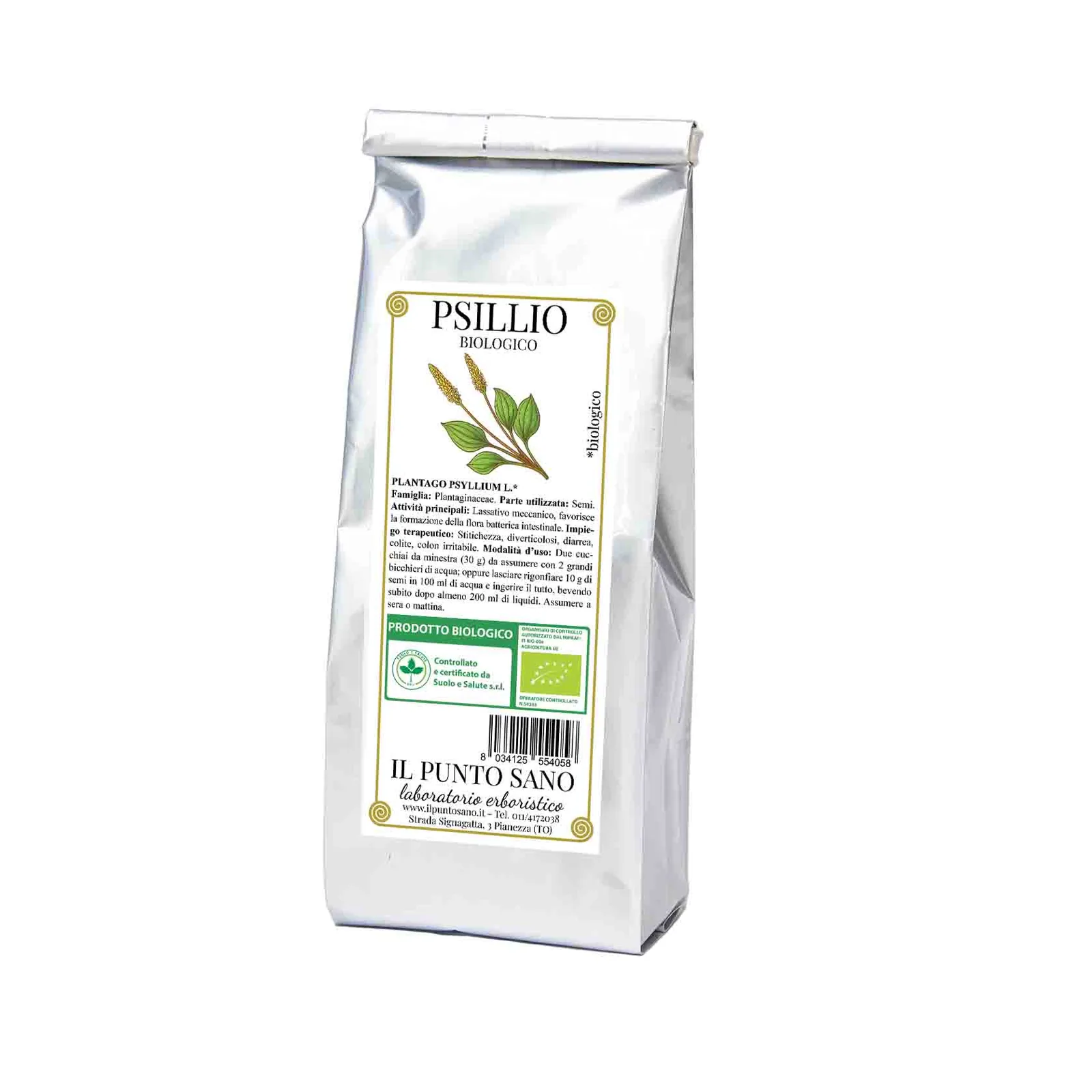 Psillio biologico in semi Confezione di psillio biologico Il Punto Sano, semi di Plantago psyllium L. selezionati per preparazioni erboristiche ricche di mucillagini.