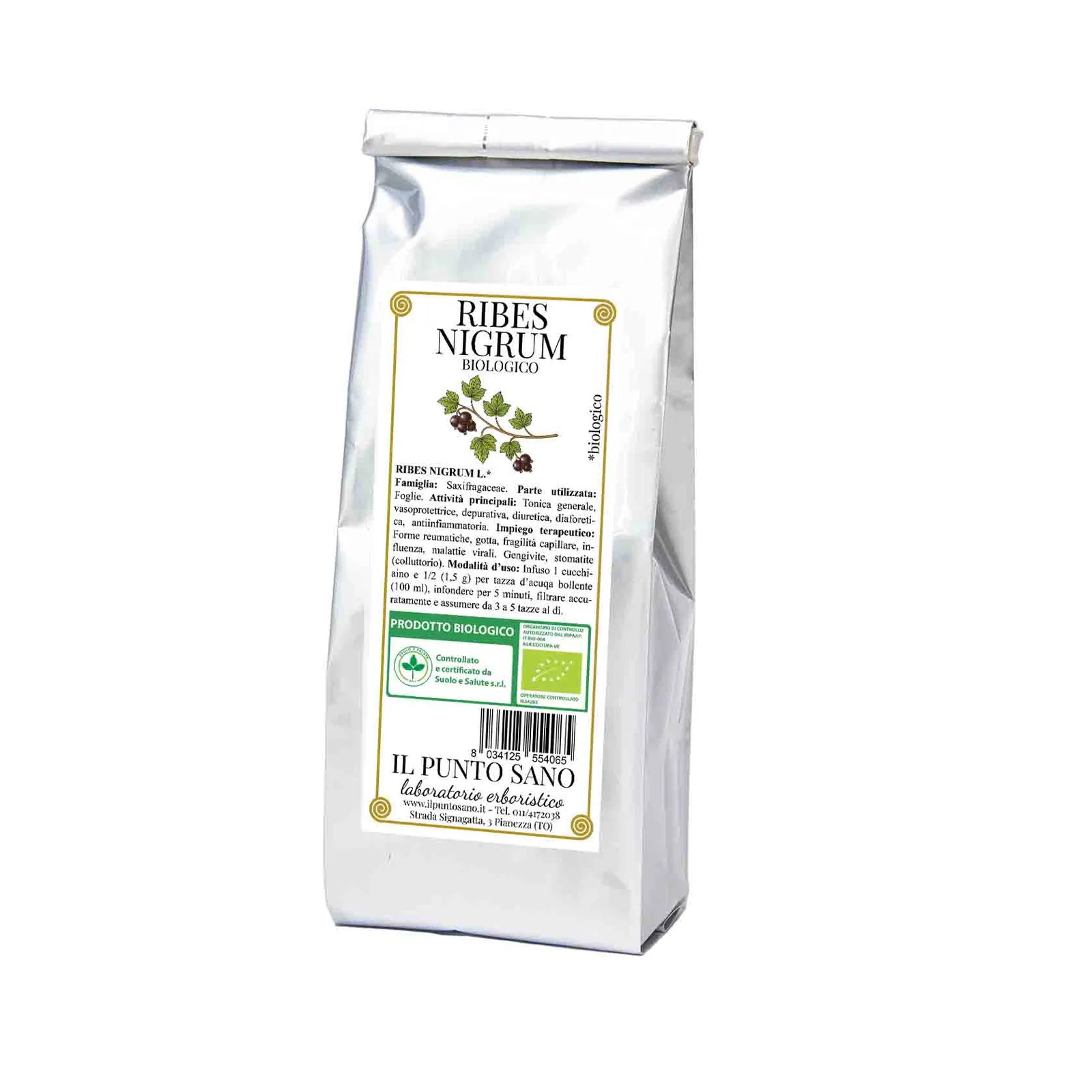 Ribes nigrum biologico in foglie per tisane Confezione di ribes nigrum biologico Il Punto Sano, foglie di Ribes nigrum L. selezionate per tisane e preparazioni erboristiche naturali.