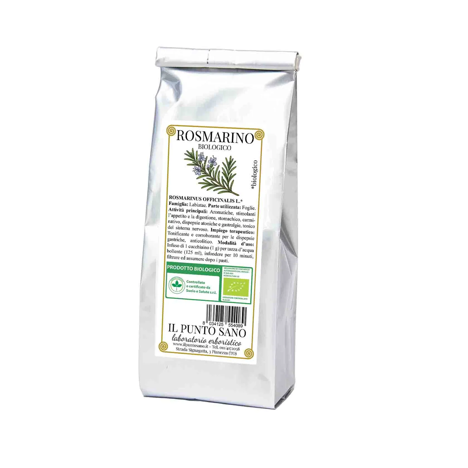 Rosmarino biologico in foglie per tisane e infusi Confezione di rosmarino biologico Il Punto Sano, foglie di Rosmarinus officinalis L. selezionate per tisane, infusi e preparazioni erboristiche aromatiche.