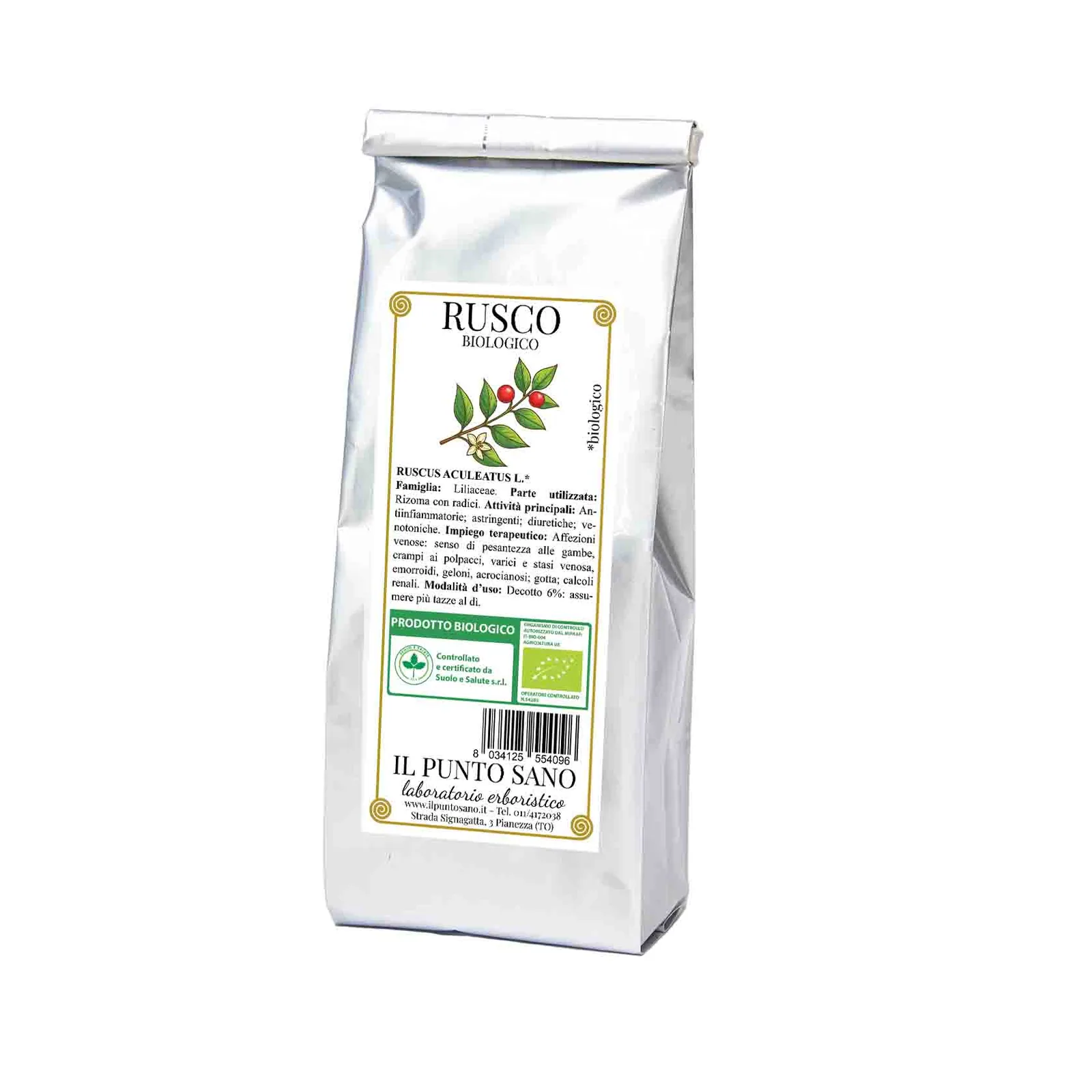 Rusco biologico in radice per preparazioni erboristiche Confezione di rusco biologico Il Punto Sano, rizoma e radice di Ruscus aculeatus L. selezionati per tisane e preparazioni erboristiche.