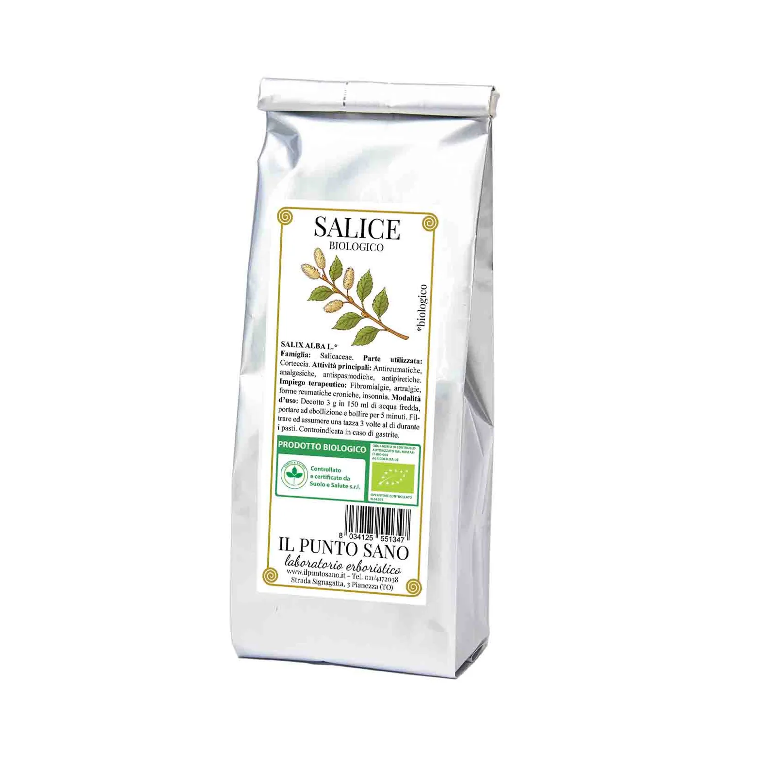 Salice biologico in corteccia per tisane Confezione di salice biologico Il Punto Sano, corteccia di Salix alba L. selezionata per tisane e preparazioni erboristiche tradizionali.