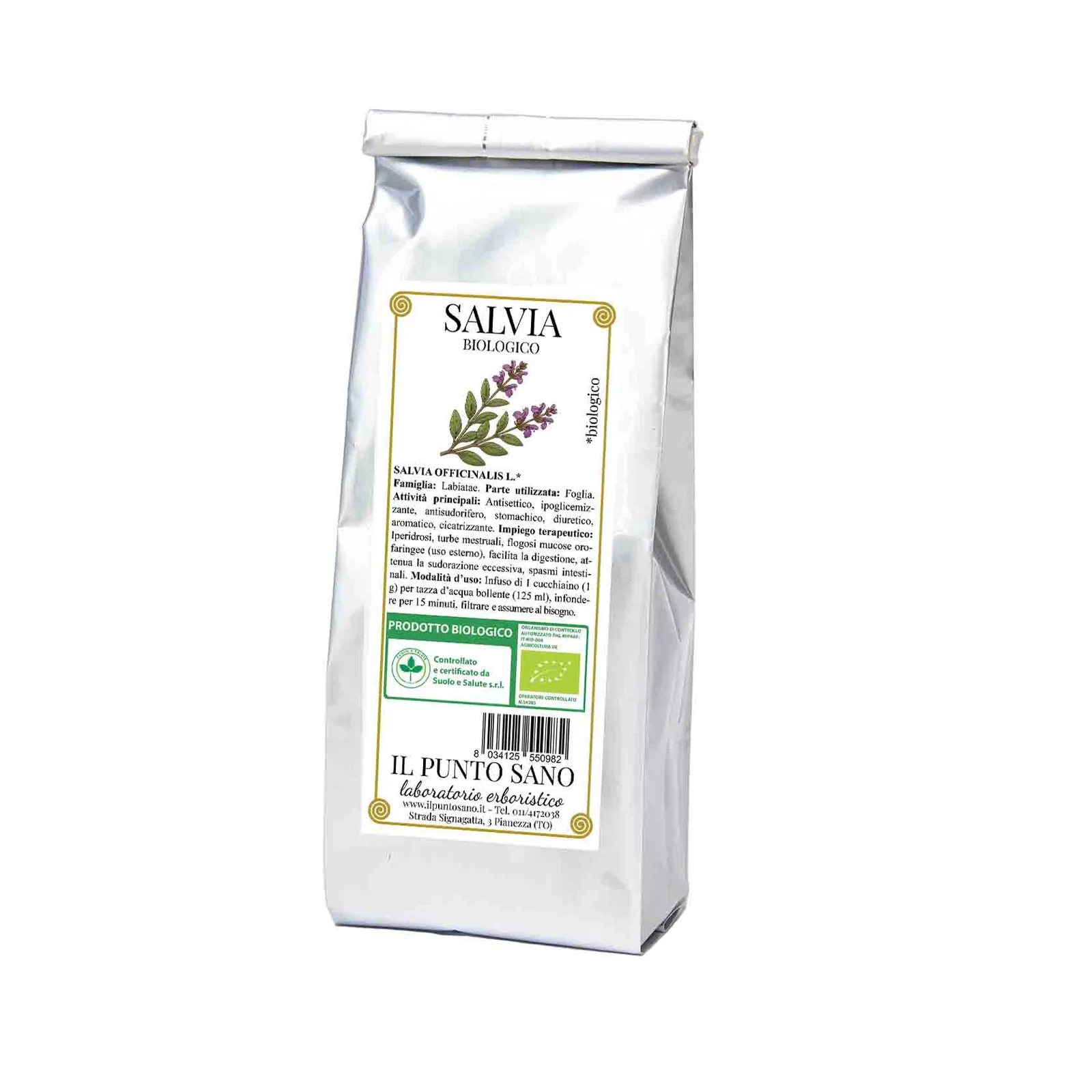 Salvia biologica in foglie per tisane Confezione di salvia biologica Il Punto Sano, foglie di Salvia officinalis L. selezionate per tisane, infusi e preparazioni aromatiche.